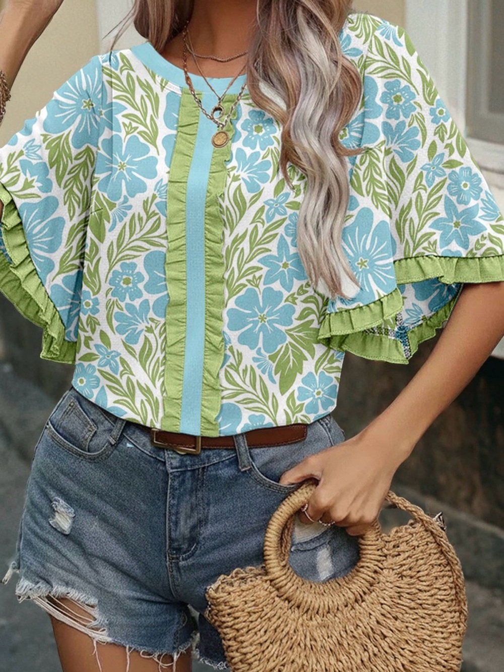 Floral Flutter-Sleeve Top in Light Blue & Green